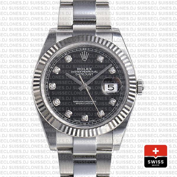 Rolex Datejust 41 Oyster 904l Steel 18k W Gold Fluted Bezel Black Dial Diamond Markers 126334 Swiss Replica