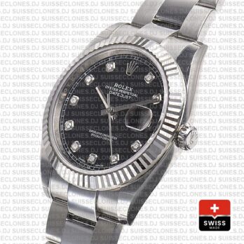 Rolex Datejust 41 Oyster 904l Steel 18k W Gold Fluted Bezel Black Dial Diamond Markers 126334 Swiss Replica