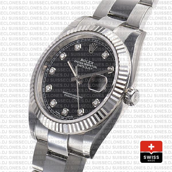 Rolex Datejust 41 Oyster 904l Steel 18k W Gold Fluted Bezel Black Dial Diamond Markers 126334 Swiss Replica