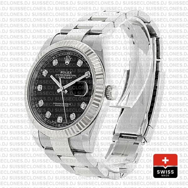 Rolex Datejust 41 Oyster 904l Steel 18k W Gold Fluted Bezel Black Dial Diamond Markers 126334 Swiss Replica