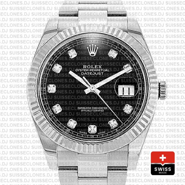 Rolex Datejust 41 Oyster 904l Steel 18k W Gold Fluted Bezel Black Dial Diamond Markers 126334 Swiss Replica
