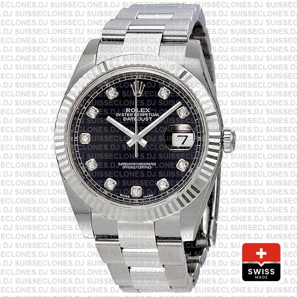 Rolex Datejust 41 Oyster 904l Steel 18k W Gold Fluted Bezel Black Dial Diamond Markers 126334 Swiss Replica