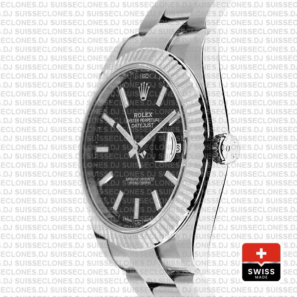 Rolex Datejust 41 Oyster 904l Steel 18k W Gold Fluted Bezel Black Dial Stick Markers 126334 Swiss Replica