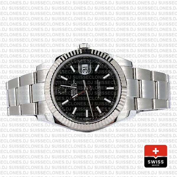 Rolex Datejust 41 Oyster 904l Steel 18k W Gold Fluted Bezel Black Dial Stick Markers 126334 Swiss Replica