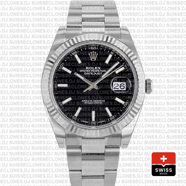 Rolex Datejust 41 Oyster 904l Steel 18k W Gold Fluted Bezel Black Dial Stick Markers 126334 Swiss Replica