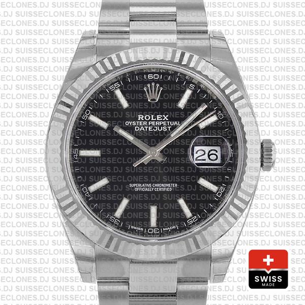 Rolex Datejust 41 Oyster 904l Steel 18k W Gold Fluted Bezel Black Dial Stick Markers 126334 Swiss Replica