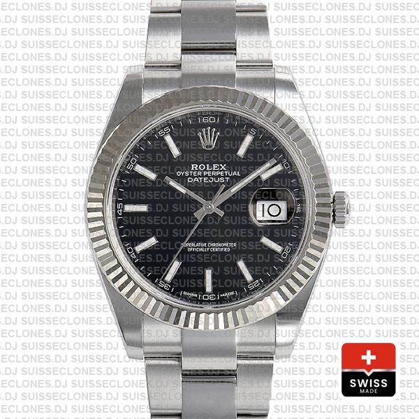 Rolex Datejust 41 Oyster 904l Steel 18k W Gold Fluted Bezel Black Dial Stick Markers 126334 Swiss Replica