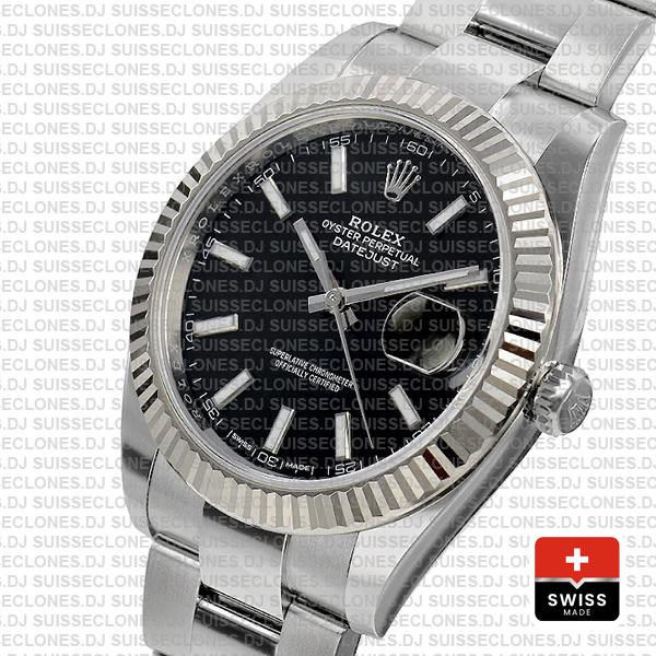 Rolex Datejust 41 Oyster 904l Steel 18k W Gold Fluted Bezel Black Dial Stick Markers 126334 Swiss Replica