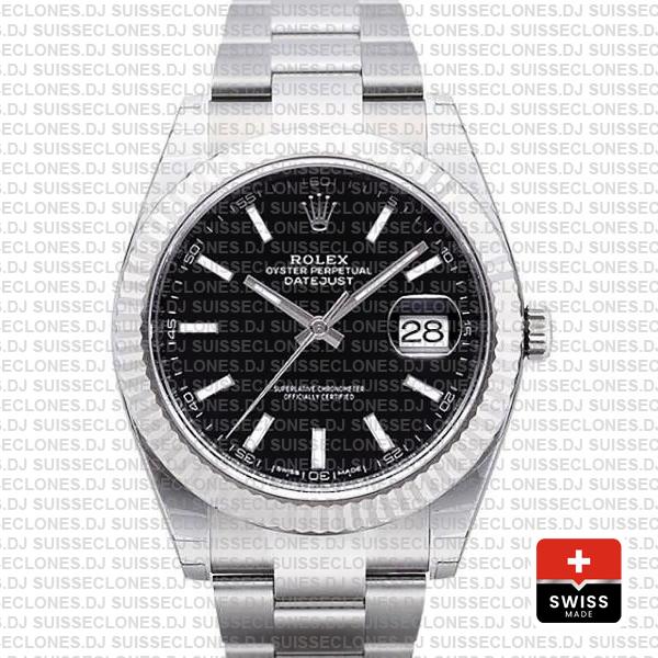 Rolex Datejust 41 Oyster 904l Steel 18k W Gold Fluted Bezel Black Dial Stick Markers 126334 Swiss Replica