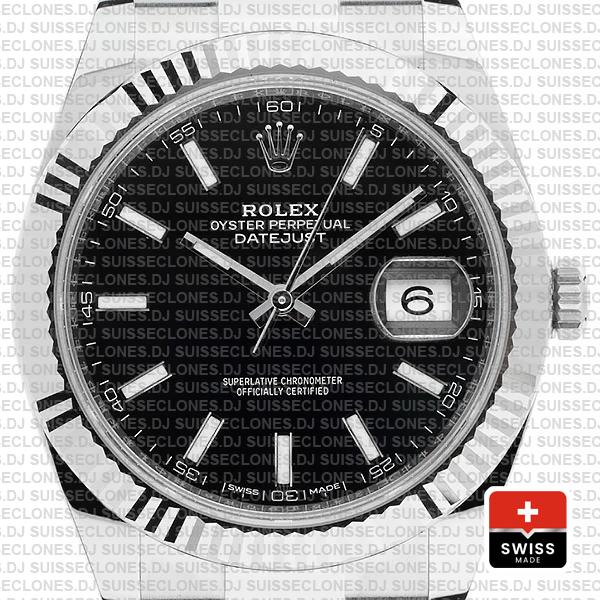 Rolex Datejust 41 Oyster 904l Steel 18k W Gold Fluted Bezel Black Dial Stick Markers 126334 Swiss Replica