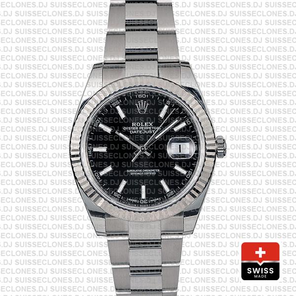 Rolex Datejust 41 Oyster 904l Steel 18k W Gold Fluted Bezel Black Dial Stick Markers 126334 Swiss Replica