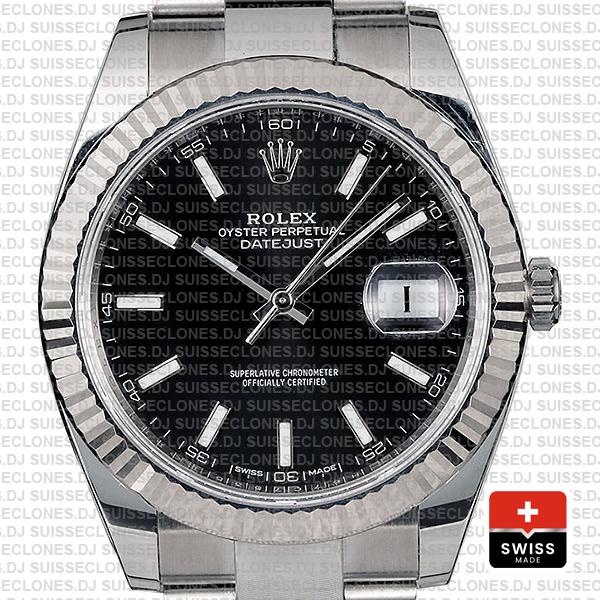 Rolex Datejust 41 Oyster 904l Steel 18k W Gold Fluted Bezel Black Dial Stick Markers 126334 Swiss Replica