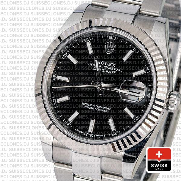 Rolex Datejust 41 Oyster 904l Steel 18k W Gold Fluted Bezel Black Dial Stick Markers 126334 Swiss Replica