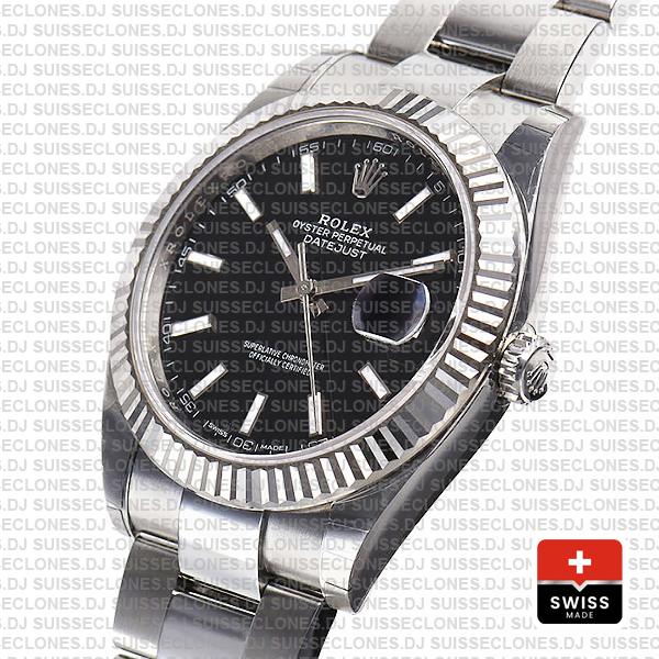 Rolex Datejust 41 Oyster 904l Steel 18k W Gold Fluted Bezel Black Dial Stick Markers 126334 Swiss Replica