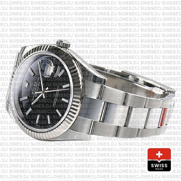 Rolex Datejust 41 Oyster 904l Steel 18k W Gold Fluted Bezel Black Dial Stick Markers 126334 Swiss Replica