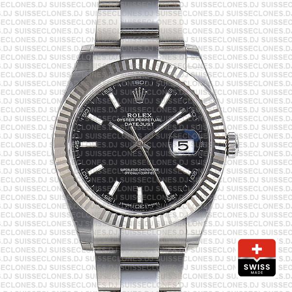 Rolex Datejust 41 Oyster 904l Steel 18k W Gold Fluted Bezel Black Dial Stick Markers 126334 Swiss Replica
