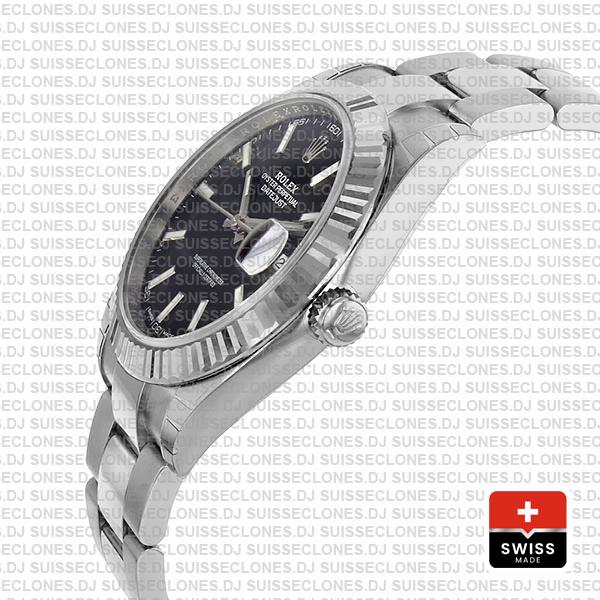 Rolex Datejust 41 Oyster 904l Steel 18k W Gold Fluted Bezel Black Dial Stick Markers 126334 Swiss Replica
