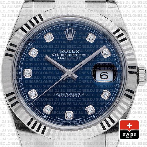Rolex Datejust 41 Oyster 904l Steel 18k W Gold Fluted Bezel Blue Dial Diamond Markers 126334 Swiss Replica