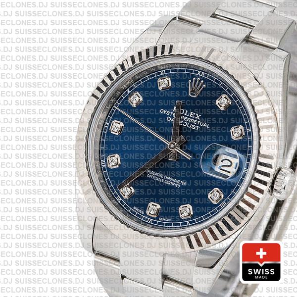 Rolex Datejust 41 Oyster 904l Steel 18k W Gold Fluted Bezel Blue Dial Diamond Markers 126334 Swiss Replica
