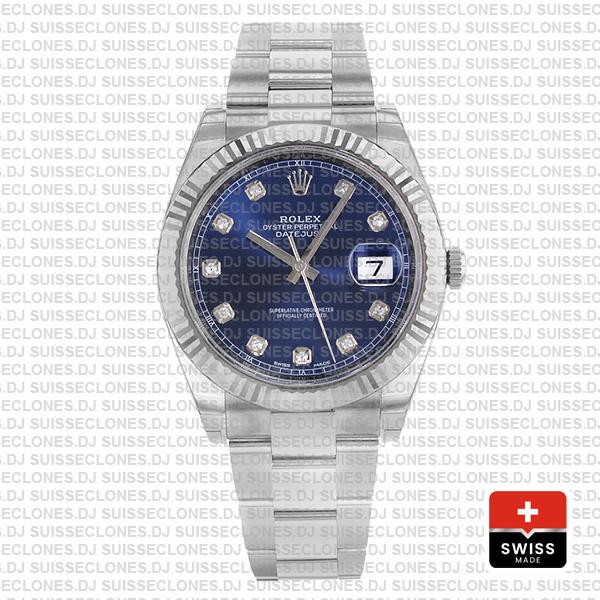 Rolex Datejust 41 Oyster 904l Steel 18k W Gold Fluted Bezel Blue Dial Diamond Markers 126334 Swiss Replica