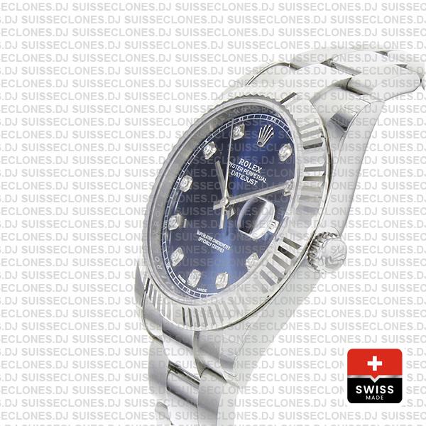 Rolex Datejust 41 Oyster 904l Steel 18k W Gold Fluted Bezel Blue Dial Diamond Markers 126334 Swiss Replica