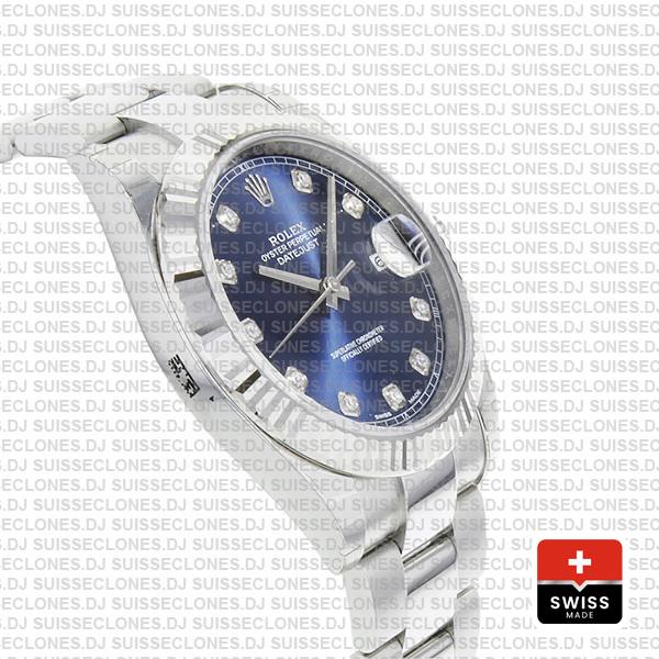 Rolex Datejust 41 Oyster 904l Steel 18k W Gold Fluted Bezel Blue Dial Diamond Markers 126334 Swiss Replica