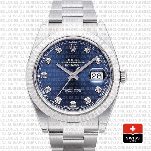 Rolex Datejust 41 Oyster 904l Steel 18k W Gold Fluted Bezel Blue Dial Diamond Markers 126334 Swiss Replica