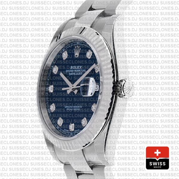 Rolex Datejust 41 Oyster 904l Steel 18k W Gold Fluted Bezel Blue Dial Diamond Markers 126334 Swiss Replica