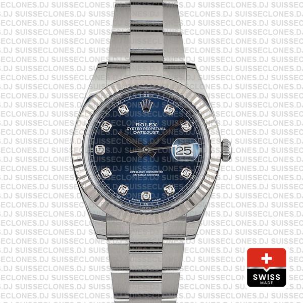 Rolex Datejust 41 Oyster 904l Steel 18k W Gold Fluted Bezel Blue Dial Diamond Markers 126334 Swiss Replica