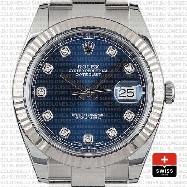 Rolex Datejust 41 Oyster 904l Steel 18k W Gold Fluted Bezel Blue Dial Diamond Markers 126334 Swiss Replica