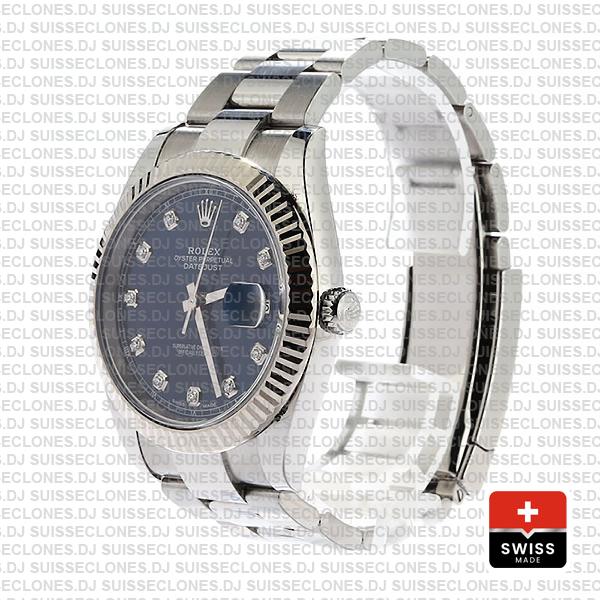 Rolex Datejust 41 Oyster 904l Steel 18k W Gold Fluted Bezel Blue Dial Diamond Markers 126334 Swiss Replica