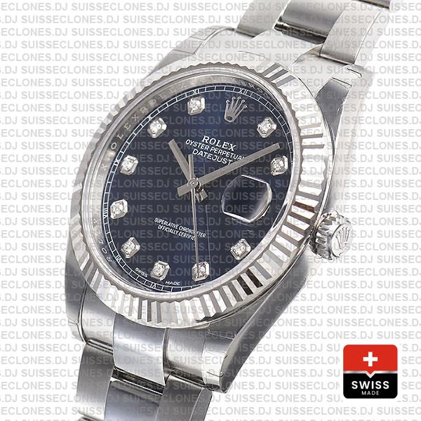 Rolex Datejust 41 Oyster 904l Steel 18k W Gold Fluted Bezel Blue Dial Diamond Markers 126334 Swiss Replica