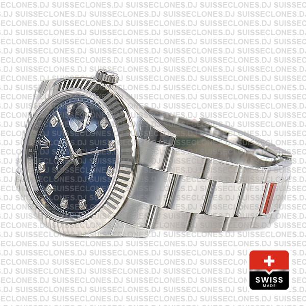 Rolex Datejust 41 Oyster 904l Steel 18k W Gold Fluted Bezel Blue Dial Diamond Markers 126334 Swiss Replica