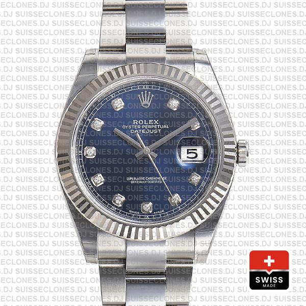 Rolex Datejust 41 Oyster 904l Steel 18k W Gold Fluted Bezel Blue Dial Diamond Markers 126334 Swiss Replica