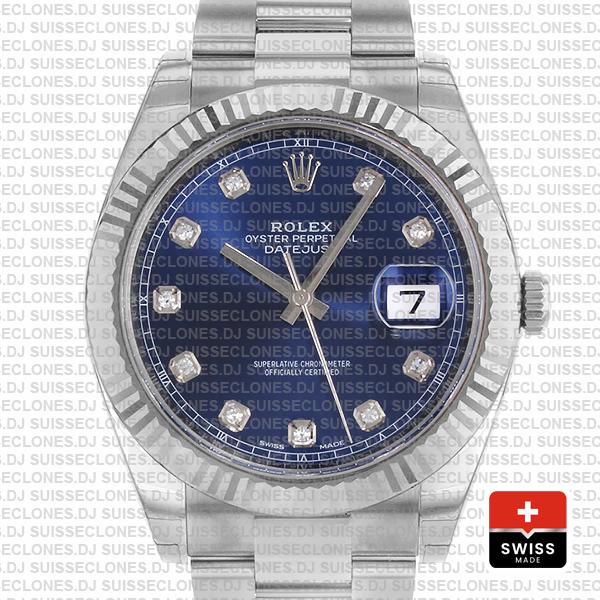 Rolex Datejust 41 Oyster 904l Steel 18k W Gold Fluted Bezel Blue Dial Diamond Markers 126334 Swiss Replica