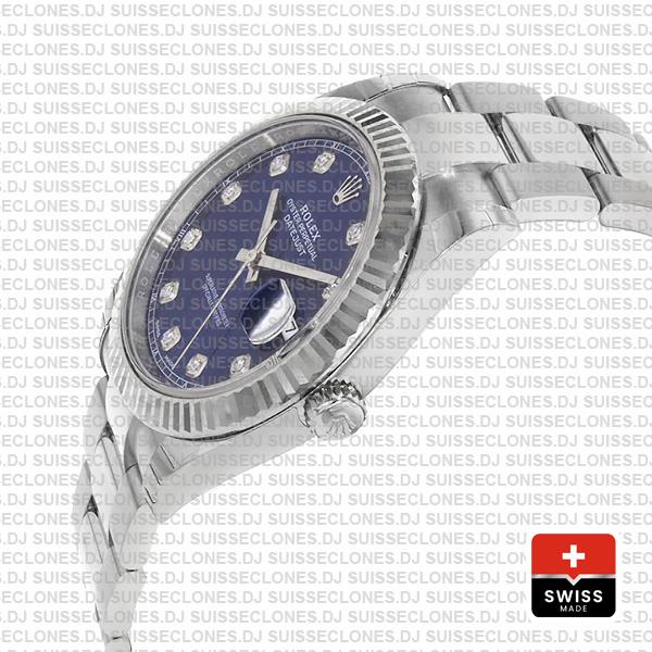Rolex Datejust 41 Oyster 904l Steel 18k W Gold Fluted Bezel Blue Dial Diamond Markers 126334 Swiss Replica