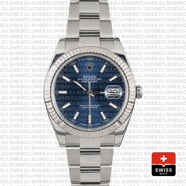 Rolex Datejust 41 Oyster 904l Steel 18k W Gold Fluted Bezel Blue Dial Stick Markers 126334 Swiss Replica