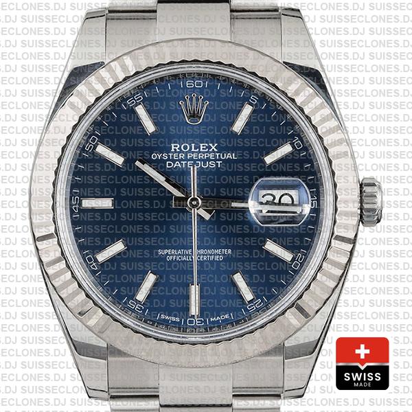 Rolex Datejust 41 Oyster 904l Steel 18k W Gold Fluted Bezel Blue Dial Stick Markers 126334 Swiss Replica