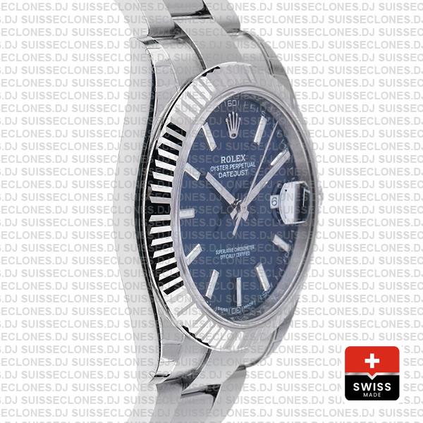 Rolex Datejust 41 Oyster 904l Steel 18k W Gold Fluted Bezel Blue Dial Stick Markers 126334 Swiss Replica