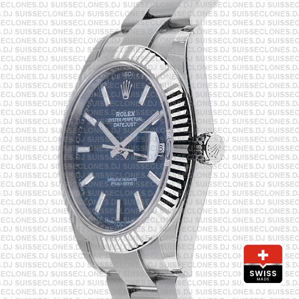 Rolex Datejust 41 Oyster 904l Steel 18k W Gold Fluted Bezel Blue Dial Stick Markers 126334 Swiss Replica
