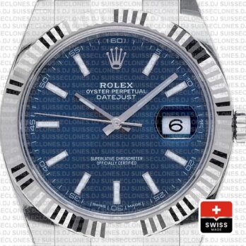 Rolex Datejust 41 Oyster 904l Steel 18k W Gold Fluted Bezel Blue Dial Stick Markers 126334 Swiss Replica