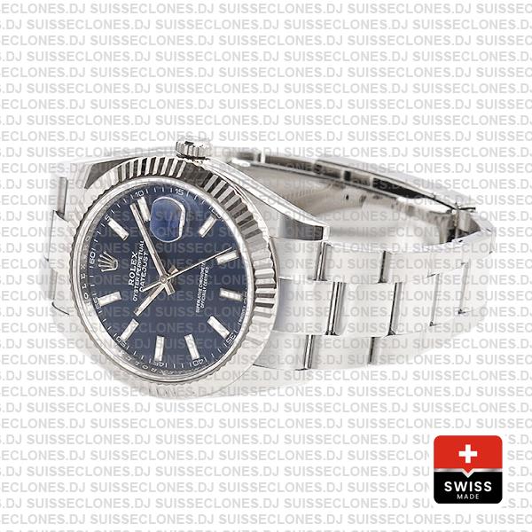 Rolex Datejust 41 Oyster 904l Steel 18k W Gold Fluted Bezel Blue Dial Stick Markers 126334 Swiss Replica