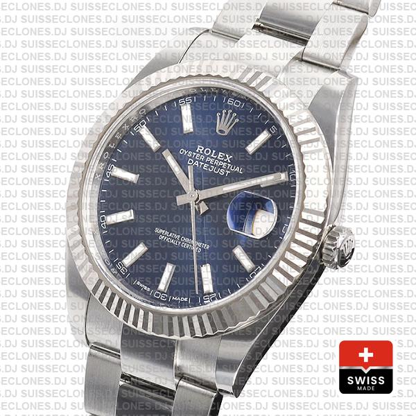 Rolex Datejust 41 Oyster 904l Steel 18k W Gold Fluted Bezel Blue Dial Stick Markers 126334 Swiss Replica