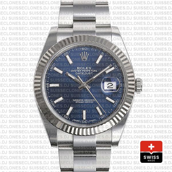Rolex Datejust 41 Oyster 904l Steel 18k W Gold Fluted Bezel Blue Dial Stick Markers 126334 Swiss Replica