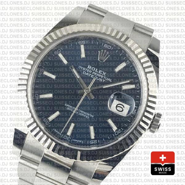 Rolex Datejust 41 Oyster 904l Steel 18k W Gold Fluted Bezel Blue Dial Stick Markers 126334 Swiss Replica