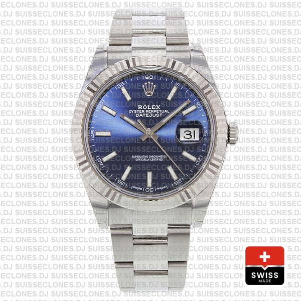 Rolex Datejust 41 Oyster 904l Steel 18k W Gold Fluted Bezel Blue Dial Stick Markers 126334 Swiss Replica