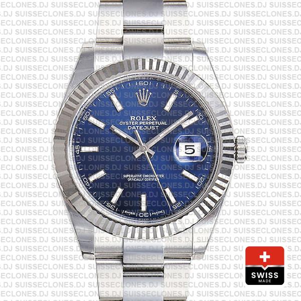 Rolex Datejust 41 Oyster 904l Steel 18k W Gold Fluted Bezel Blue Dial Stick Markers 126334 Swiss Replica