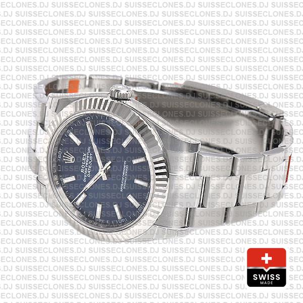 Rolex Datejust 41 Oyster 904l Steel 18k W Gold Fluted Bezel Blue Dial Stick Markers 126334 Swiss Replica