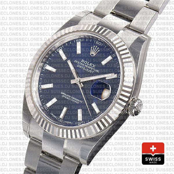 Rolex Datejust 41 Oyster 904l Steel 18k W Gold Fluted Bezel Blue Dial Stick Markers 126334 Swiss Replica