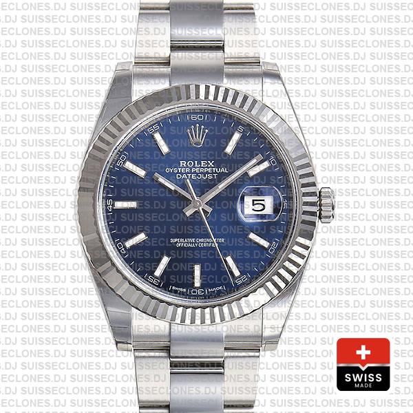 Rolex Datejust 41 Oyster 904l Steel 18k W Gold Fluted Bezel Blue Dial Stick Markers 126334 Swiss Replica